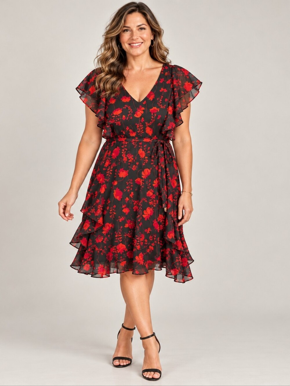 Tommy Hilfiger Black Red Floral Ruffle Chiffon Dress Size 16 A343
